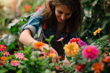 Naklejka premium A girl adorned in colorful clothing tends to a beautiful annual flower in an outdoor garden, creating a stunning floral design with delicate petals under the guidance of a skilled florist