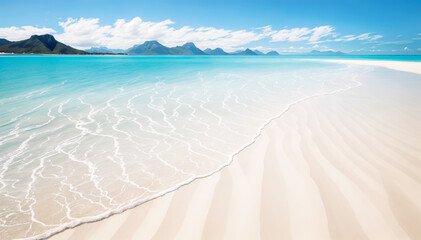 white sand beach with clear blue water and a few small waves The sky is blue with a few white clouds