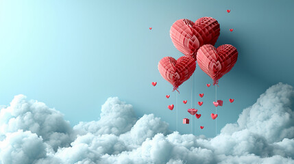 Paper art style of red heart-shaped balloons carrying gift boxes among clouds, depicting Valentine's Day celebration. AI generative