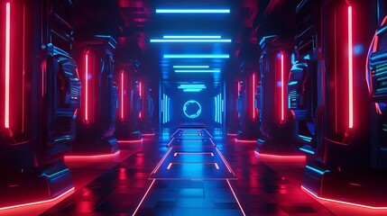abstract video game of scifi gaming red blue vs e-sports backgound, vr virtual reality simulation and metaverse, scene stand pedestal stage, 3d illustration rendering, futuristic neon glow room 