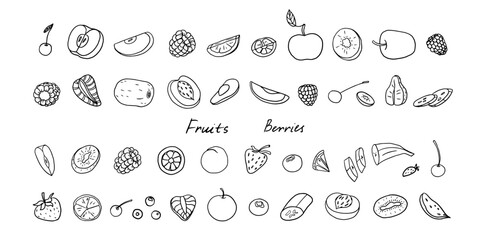 Big set of fruits and berries in doodle style. Raspberries, strawberry, kiwi, avocado, orange, lemon, banana, apple, peach, cherry and other. Vector illustration. Hand drawn