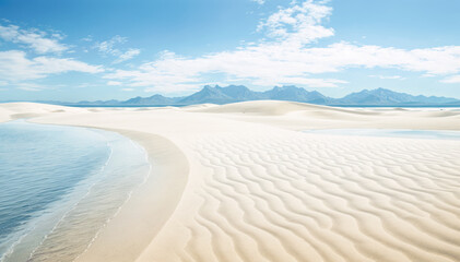 Fototapeta na wymiar A sandy beach with ripples in the sand a body of water and mountains in the distance