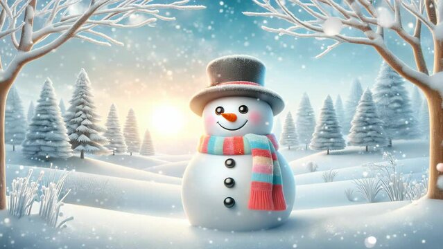 Smiling cute snow man on a snowy background for winter , New Year and Christmas scene