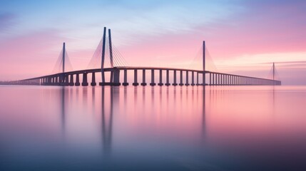  a long bridge over a body of water with a pink and blue sky in the background and a few clouds in the sky.