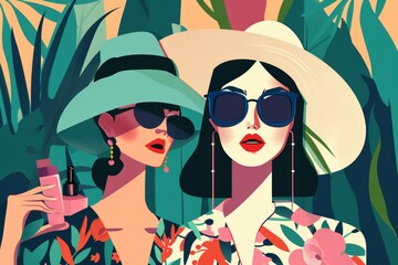 Obraz na płótnie Canvas Two stylish women shield their eyes with chic sunglasses and hats in this vibrant animated painting, exuding confidence and coolness with a touch of playful cartoon charm