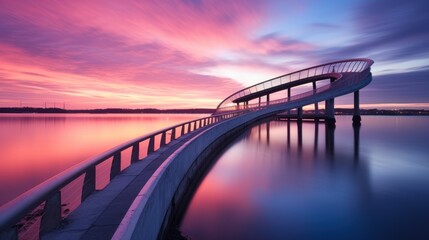  a bridge over a body of water with a pink and blue sky in the background and clouds in the foreground.