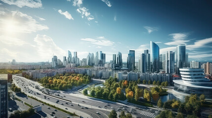 Fototapeta na wymiar Skyscrapers and nature merge to create the city of the future