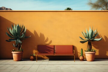 Modern Bench in Desert Courtyard with Agave Plants
