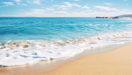 Fototapeta na wymiar sandy beach with a blue ocean in the background white foam on water