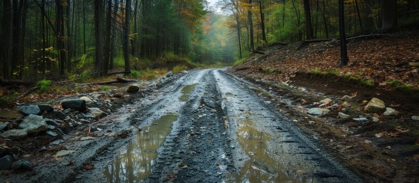 The road conditions were bad in the middle of a muddy and rocky forest. AI generated image