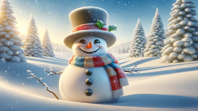 Smiling cute snow man on a snowy background for winter , New Year and Christmas scene
