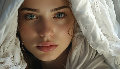 Beautiful woman with brown hair looking at camera generated by AI