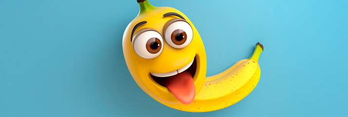 Banner with banana on blue background. Funny cartoon character tropical fruit with eyes and smile. Banana Day. Cute header for menu, website, advertising, blog, kid friendly food, vegetarian store - obrazy, fototapety, plakaty