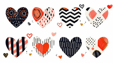 Hearts decorated with the bold, graphic lines typical of 60s art and design, 1960s retro set, white background, Valentine's Day, doodle, drawings