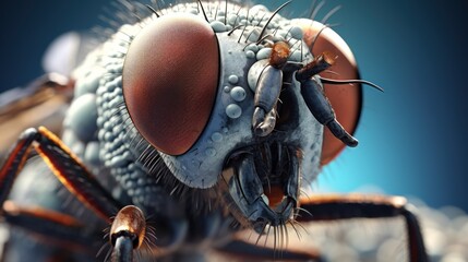 a close up of a fly insect with a lot of flies on it's back legs and head, with a blue sky in the background.