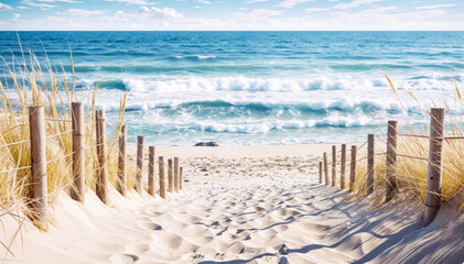 A sandy path leads to a beautiful beach with crashing blue wave - Powered by Adobe