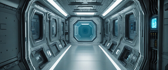 Futuristic space-themed metallic corridor or room with a blue color scheme. Ultra modern design. Hand-edited for a sci-fi aesthetic.
