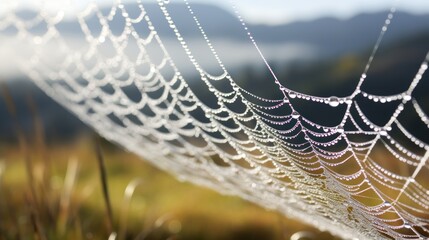  a close up of a spider web in a field of grass with a mountain in the distance in the background.