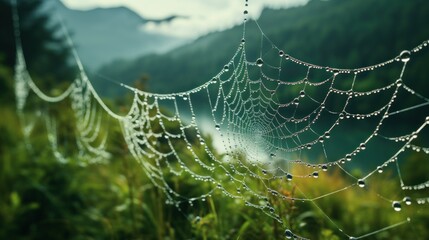  a close up of a spider web in a field of grass with a river in the distance in the background.