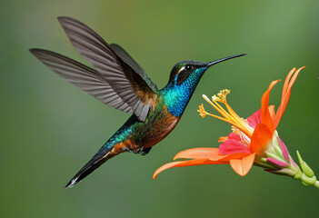 Fototapeta premium Vibrant hummingbird Panterpe insignis in flight, sipping nectar from crocosmia in tropical woodland. Colorful Costa Rican mountain wildlife scene.