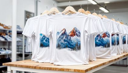 A rack of white t-shirts with a mountain design on them