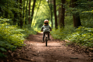 child riding a bicycle on a dirt path through a forest
