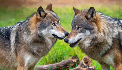 Fototapeta premium two wolves face each other, aggressive mood of a turf war to make the hierarchy clear 