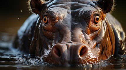  a close up of a hippopotamus in a body of water with it's head sticking out of the water.