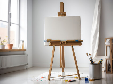 
Creative Unveiling: Blank Canvas on an Easel with Palette in Vibrant Stock Photography