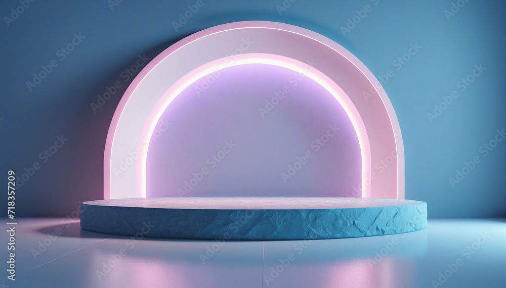 Poster blue abstract 3d render with neon arch and mirror reflection on stone platform. product presentation