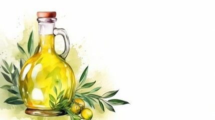 Glass Bottle of Olive Oil With Fresh Olives and Leaves Illustration