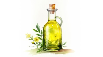 Obraz na płótnie Canvas Glass Bottle of Olive Oil With Fresh Olives and Leaves Illustration