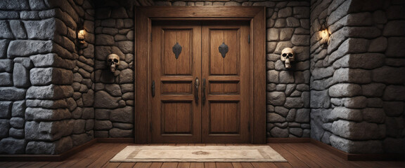 Spooky medieval chamber with wooden door, skull, and stone wall - Ideal for Halloween. Ample space...