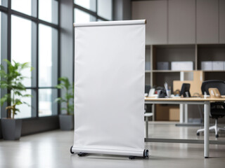 
Unfurling Potential: Modern Office Setting with Blank Roll-Up Banner Stands Mockup