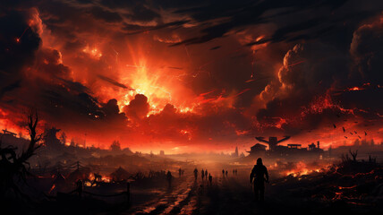 Scary landscape of apocalypse, explosions in dramatic red sky during global war. Futuristic view of apocalyptic atomic disaster. Concept of battlefield, world, epic battle, horror - obrazy, fototapety, plakaty