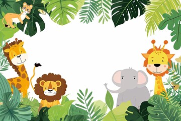 Minimalist small cute and fun baby jungle animals in the style of a childrens invitation, large amount of empty space in the middle, cute kids / nursery background.