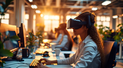 Innovative Virtual Reality Technology in a Business Setting, Woman Using Futuristic VR Headset