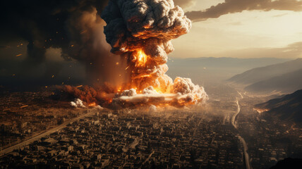Explosion and fire in Eastern city during war, aerial view of dramatic landscape and smoke. Futuristic scene of apocalyptic nuclear disaster. Concept of world, apocalypse, epic, strike