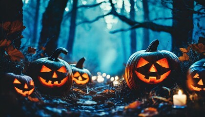 Halloween pumpkins in a spooky forest at night - obrazy, fototapety, plakaty