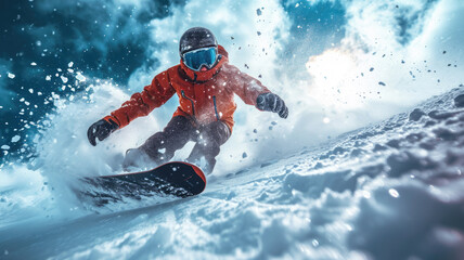 Snowboarder slides on ski slope spraying snow powder, man in red jacket rides snowboard in winter....