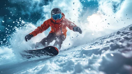 Poster Snowboarder slides on ski slope spraying snow powder, man in red jacket rides snowboard in winter. Concept of sport, powder, extreme, speed, splash, resort © scaliger