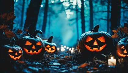 Halloween pumpkins in a spooky forest at night - obrazy, fototapety, plakaty