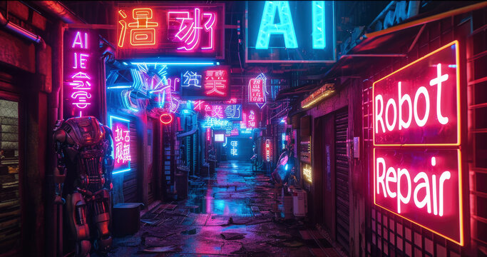 Fototapeta Neon signs of AI Robot Repair on wet deserted street or alley at night, gloomy dark city shops with purple and blue light. Concept of dystopia, cyberpunk, technology and future