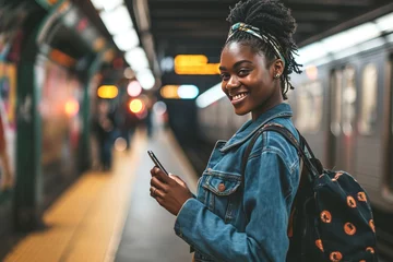 Fotobehang Smiling young African American woman using her smartphone generative ai © Gilang
