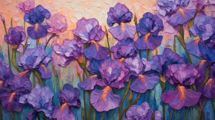 Purple pink blue iris flowers closeup, impressionist style painting, textured brush work, bright colours