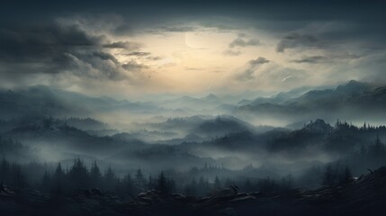  a painting of a foggy mountain scene with the sun peeking through the clouds and the trees in the foreground.