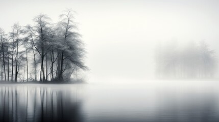 Obraz na płótnie Canvas a black and white photo of a foggy lake with trees in the foreground and a body of water in the foreground.