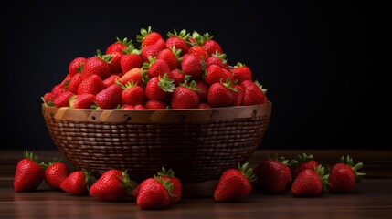  a basket full of strawberries sitting on a table next to a bunch of smaller strawberries on the floor.