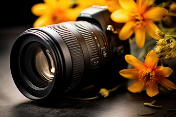 Camera and flowers on black background. Shallow depth of field. expensive camera lens with yellow flowers. nature photography concept. zoom, shutter, focus. - Powered by Adobe