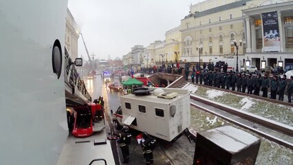 Action camera on rising ladder of fire truck during fire drills 